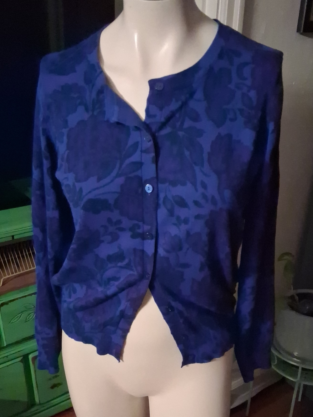 Time and Tru Dark Blue Floral Button Front Cardigan